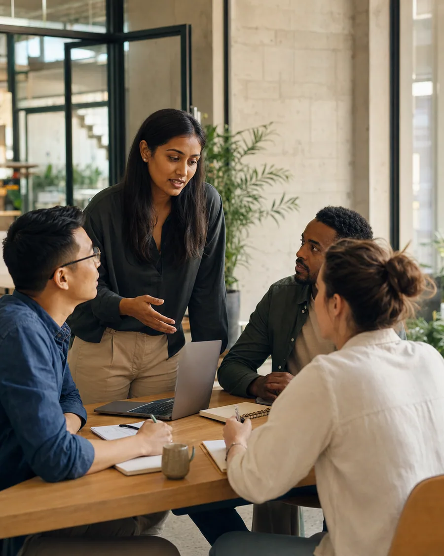 A product and engineering team collaborating around a table